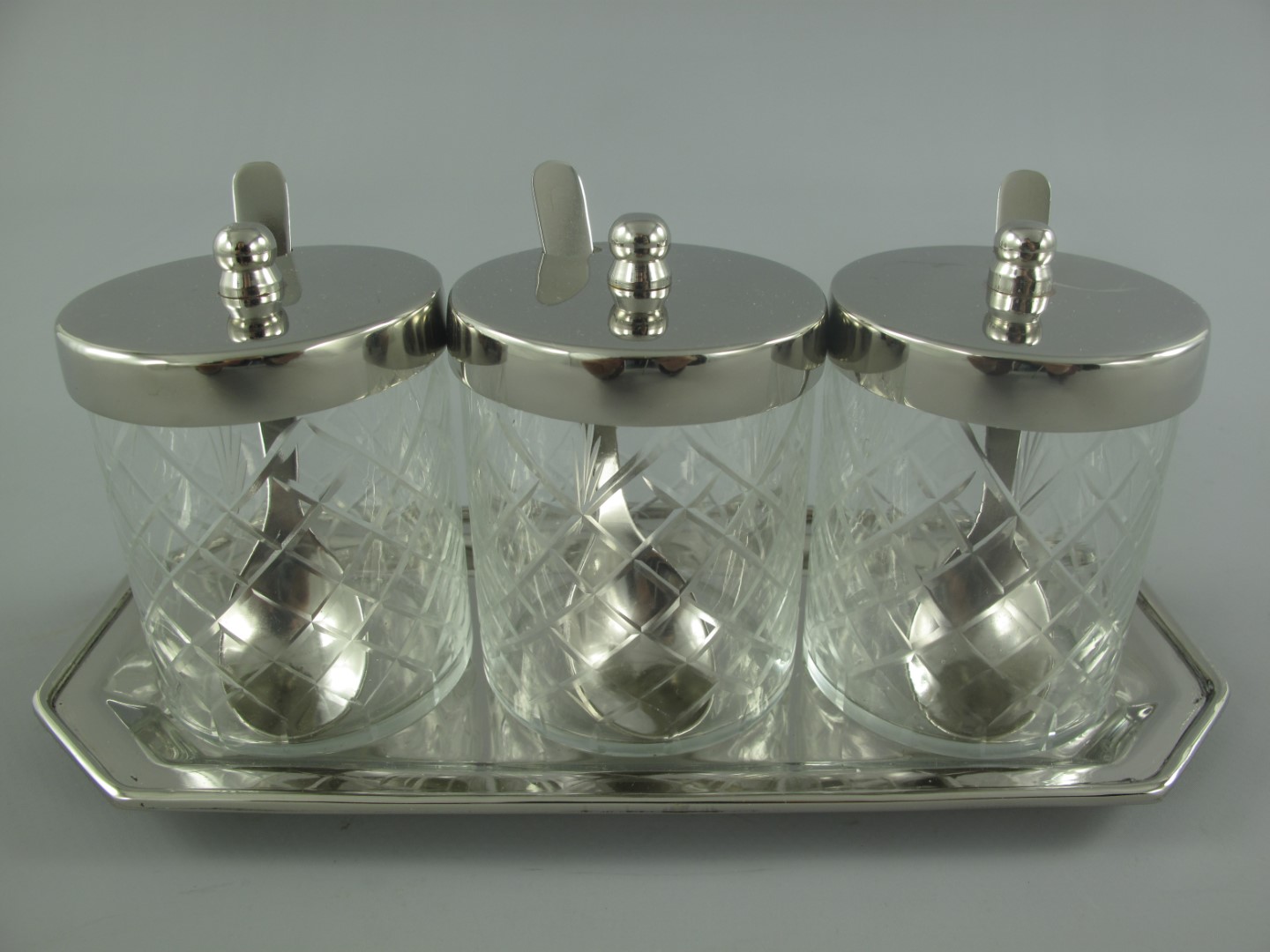 Marmeladen-Set vernickelt Glas 10x22-H.9cm